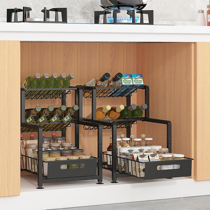 REALINN Spice Rack Organizer for Countertop, 3 Tier Pull Out Spice Rack, Height Adjustable Countertop Seasoning Organizer for Kitchen, Bathroom Storage