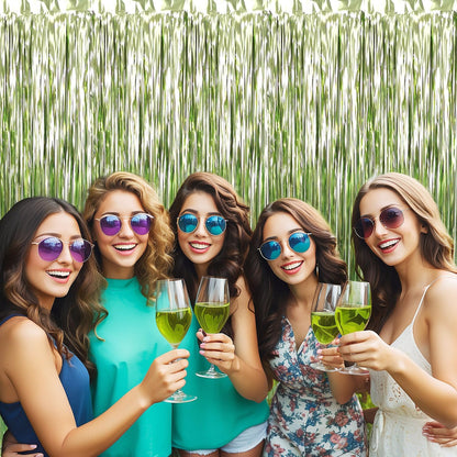 GOER 3.2 ft x 9.8 ft Metallic Tinsel Foil Fringe Curtains,Pack of 2 Party Streamer Backdrop for Birthday,Graduation Decorations and New Year Eve (Sage Green)