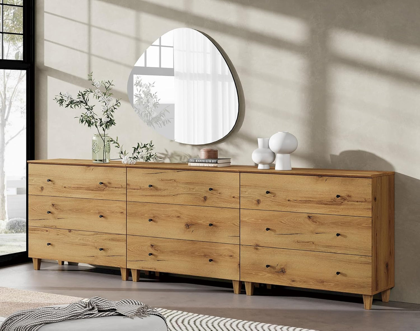 WAMPAT Dresser with 9 Drawers, Bedroom 3-in-1 Wide Wooden Chest of Drawers, Modern Long Dressers Closet Storage Organizer w/Solid Wood Legs for Living Room, Kids Room, Oak Brown,106 Inches