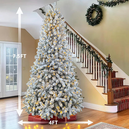 7.5ft Pre-lit Artificial Snow Flocked Christmas Tree with Quick Power Connect, 798 Warm White & Multi-Color LED Lights, and 1869 Branch Tips – Easy 3-Minute Setup Pencil Xmas Tree