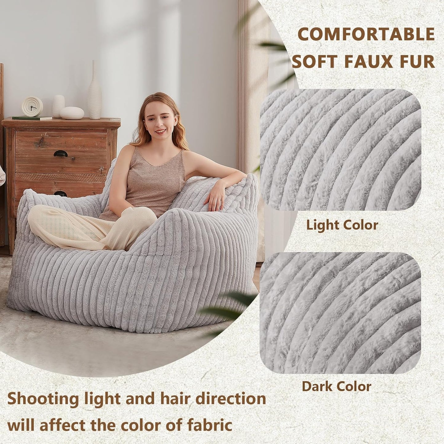 Giant Bean Bag Chairs for Adults Teens, Large Bean Bag Sofa Chairs with Filling Comfy Fuzzy BeanBag Chair with Armrests for Bedroom Living Room Reading (Light Gray, Large)