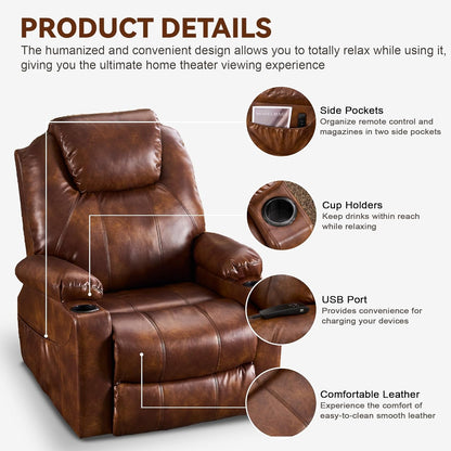 SALOHZA Power Lift Recliner Chair for Elderly with Massage and Heat for Living Room, Electric Recliner Chair for Adults with USB/Type C Port/Cup Holders, PU Faux Leather, Light Brown