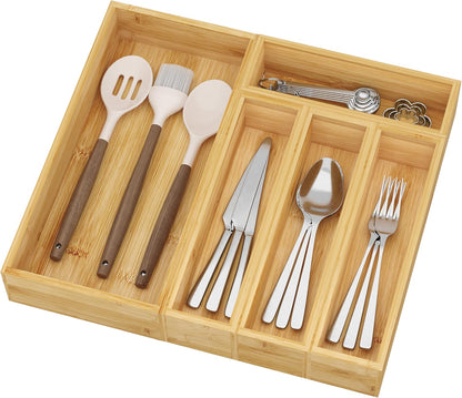 BAMEOS Utensil Drawer Organizer, 5 Slots Silverware Organizers for Kitchen Drawers, Bamboo Flatware Organizer for Knives Cutlery Spoons Forks (Natural)