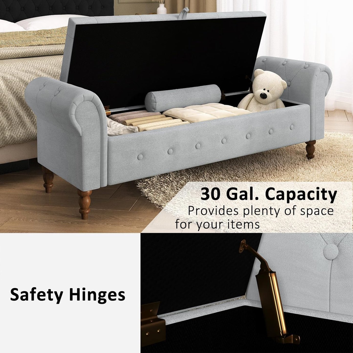Storage Ottoman Bench for Bedroom, 63" End of Bed Bench with Rolled Arms Upholstered Ottoman Bench Fit for Bedroom, Living Room, Entryway, Velvet Light Gray
