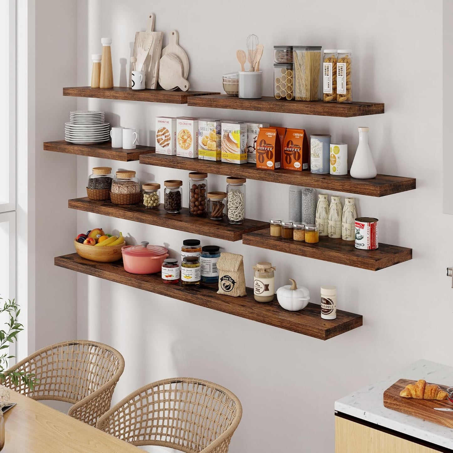 72 Inch Floating Shelves, 72 x 9 Rustic Wooden Fireplace Mantel, 9 Inch Floating Shelf for Wall, Farmhouse Wall Shelves for Home Storage & Display, Rustic Brown Color, Set of 1