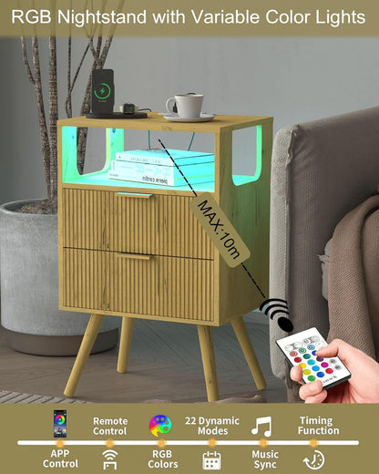 Nightstand with Charging Station and LED Lights,Modern Bedside Table with 2 Storage Drawer and Open Wood Shelf, for Bedroom and Small Spaces,Night Stand with Solid Wood Legs (Yellow Oak)