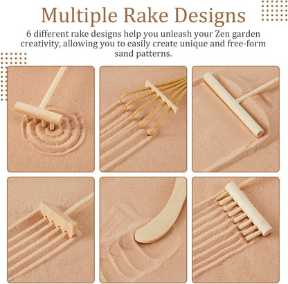 Soulchen 8 Pcs Mini Zen Garden Kit for Desk Decor DIY Your Own Zen Garden 8.5" x 6.7" Japanese Sand Tray 6 Rake Tools Meditation Gifts Set for Home Office Desktop Accessories Therapy Stress Relief