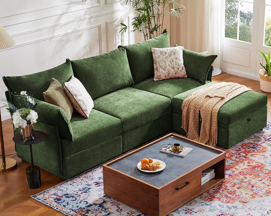 102.6" Modular Sectional Sofa, L Shaped Couch Set for Living Room, 3-Seater Comfy Cloud Couches with Movable Storage Ottoman,DIY Combination - Chenille Green