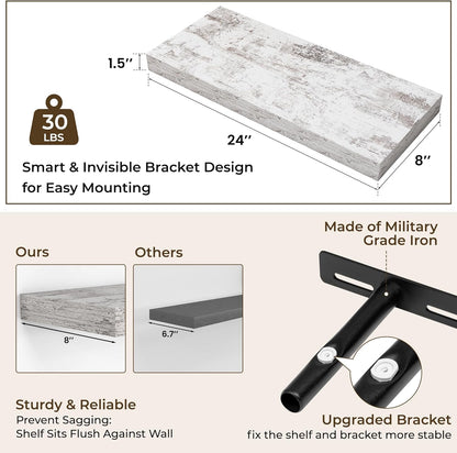 RICHFOCUS 24Inch Floating Shelves for Wall 2 Pack Shelves for Bedroom|Kitchen|Bathroom Wall Mounted Rustic Distressed Wood Floating Shelf with Invisible Brackets for Books|Storage|Decor, Rustic