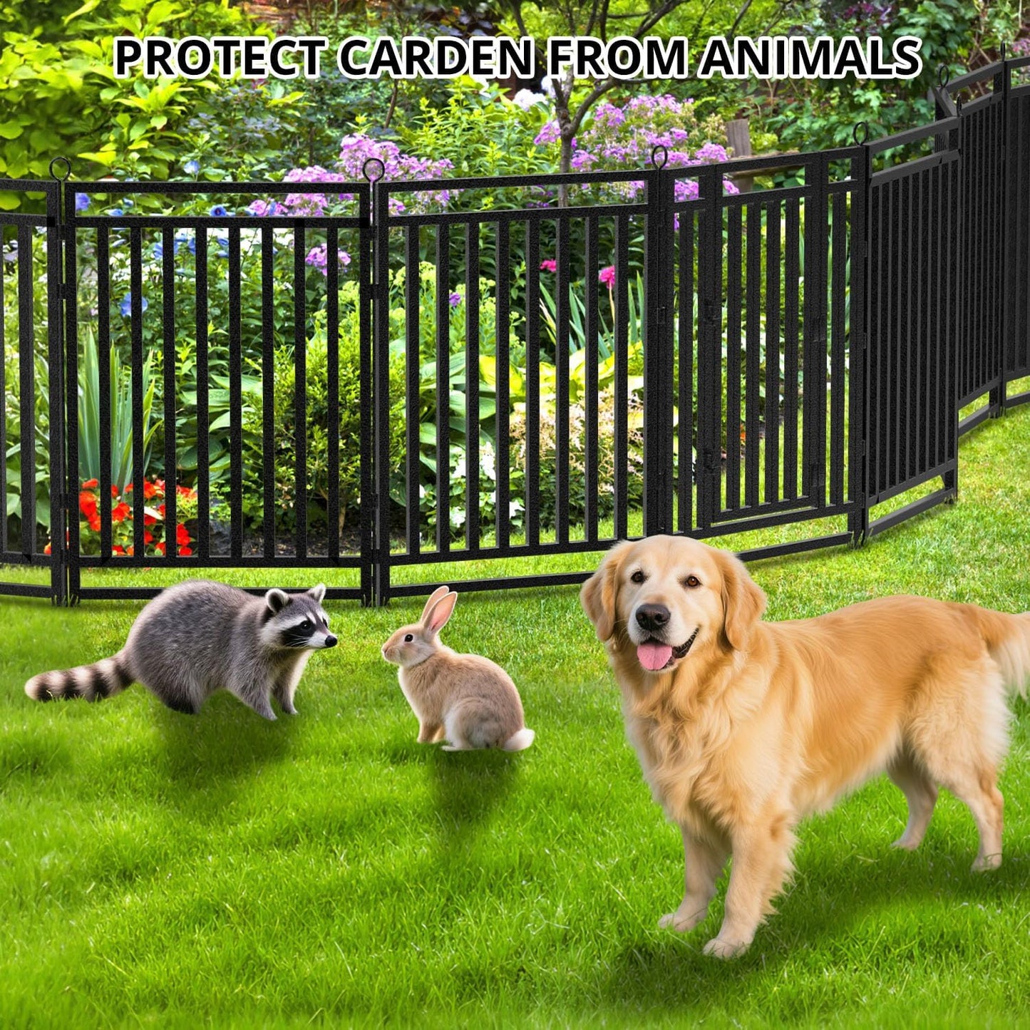 Decorative Garden Fence Metal Dog Fence Outdoor for Yard, 18ft (L) × 32in (H), 7 Panels + 1 Gate, Heavy Duty Animal Barrier Fencing for Patio & Flower Bed, No Dig, Black-Silver