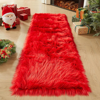 AMTOVO Faux Fur Rug, Red Ultra Soft Fluffy Shag Sheepskin Rug, 2 x 6 ft Runner Area Rugs for Bedroom Sofa Throw Cushion Room Decor, Rectangle