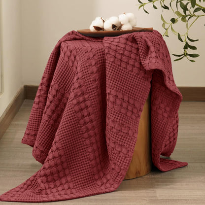 PHF 100% Cotton Waffle Weave Throw Blanket, Soft Lightweight Breathable Cozy Summer Throws for Couch Bed Sofa, Luxury Aesthetic Woven Blanket for Home Decor & Office, 50"x60", Wine Red