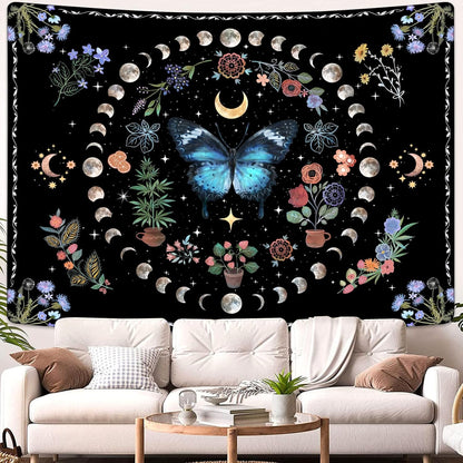 Fowocu Blue Butterfly Moon Flower Tapestry Boho Floral Plant Tapestries for Bedroom Aesthetic Nature Tapastry's Wall Hanging Mandala Botanical Wall Tapestry for Living Room Dorm (Blue, 48'' × 36'')