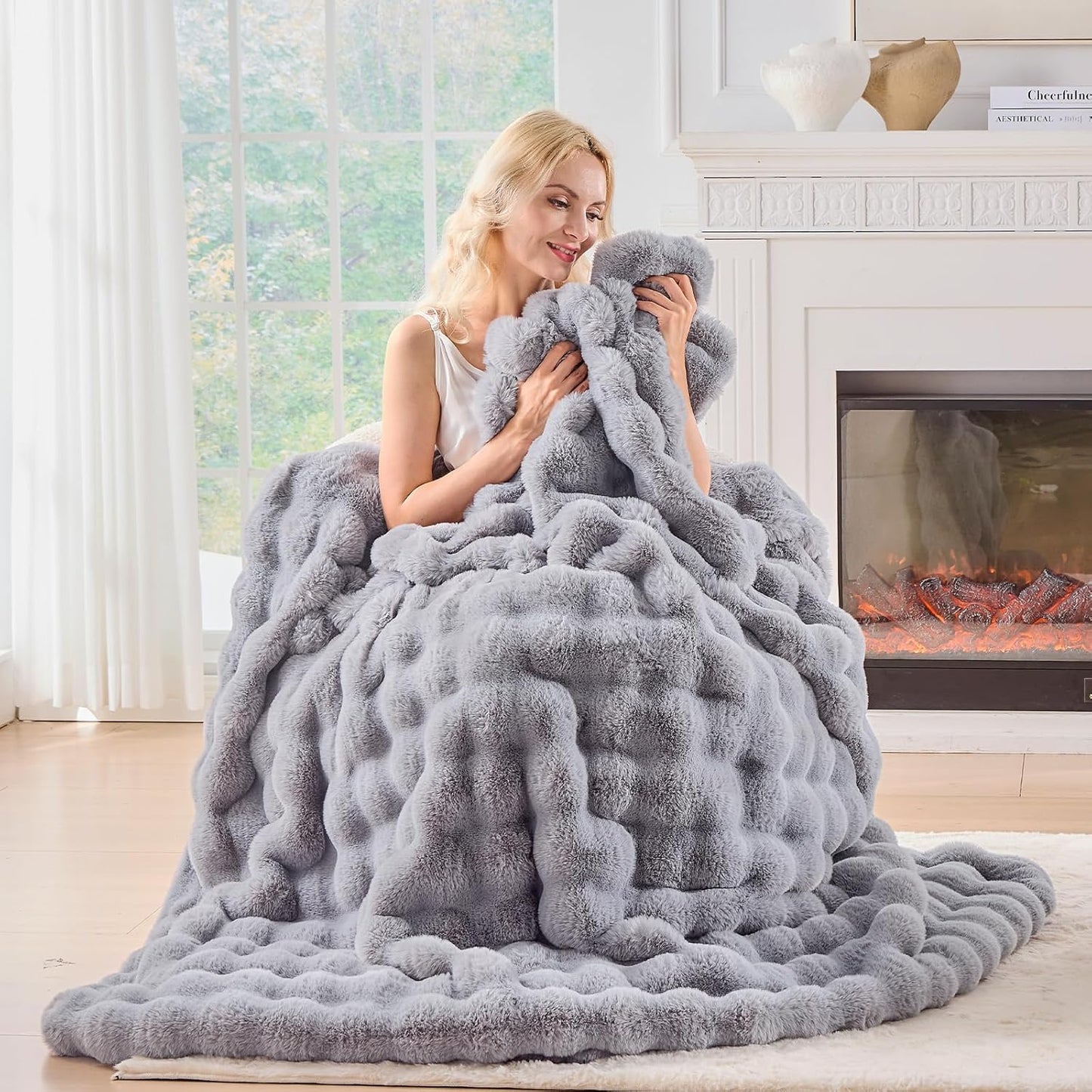 BENVWE Fluffy Faux Fur Throw Blanket for Couch, Soft Plush Thick Cozy Fuzzy Luxury Minky Bubble Blanket for Home Living Room Decor Gift for Women, Light Grey, 51" x 63", 1100GSM