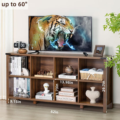 8 Cube Book Shelf, Farmhouse Wood Long Storage Organizer Bookcase, 62" Horizontal Brown Walnut Console Closet Bookshelf, Hallway TV Stand for Entryway, Display Cabinet Book Case for Office