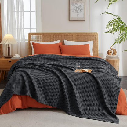 PHF Ultra Soft Waffle Weave Throw Blanket 50"x 60"- Washed Lightweight Breathablee Cozy Woven Blanket - Great for Couch Bed Sofa Home Car - Black