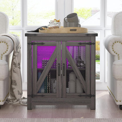 Farmhouse End Table, 24" Large Sofa Side Table with Charging Station, Mesh Barn Door, and Adjustable Storage Shelf, Rustic Wood Square Nightstand for Living Room, Bedroom, Office, Grey