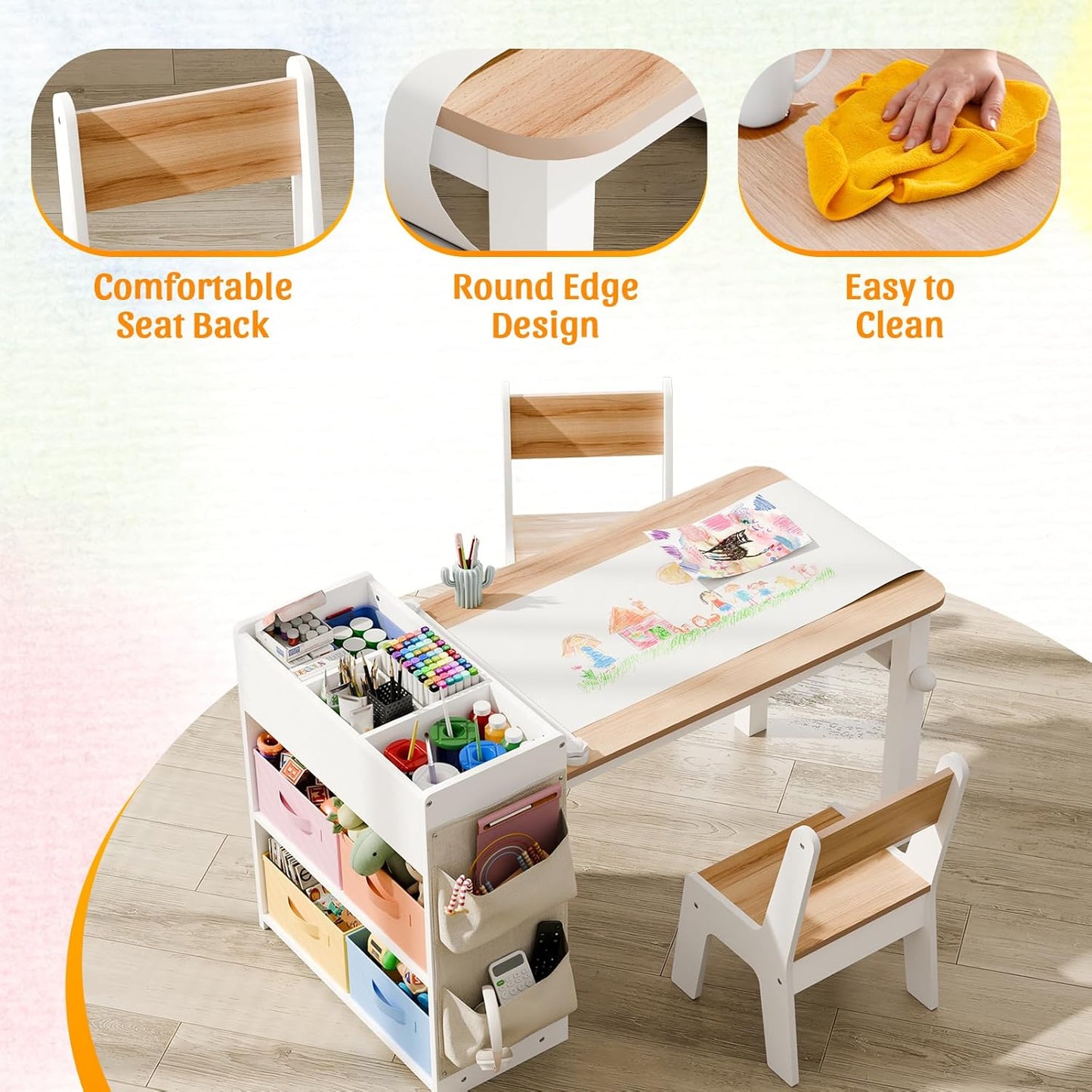 Kids Art Table and Chair - Toddler Craft Table and Chairs Set with 2 Chair & Bins, Large Storage Kids Activity Desk with Paper Roll for Playrooms & Classroom, 40" L x 20" W, Natural