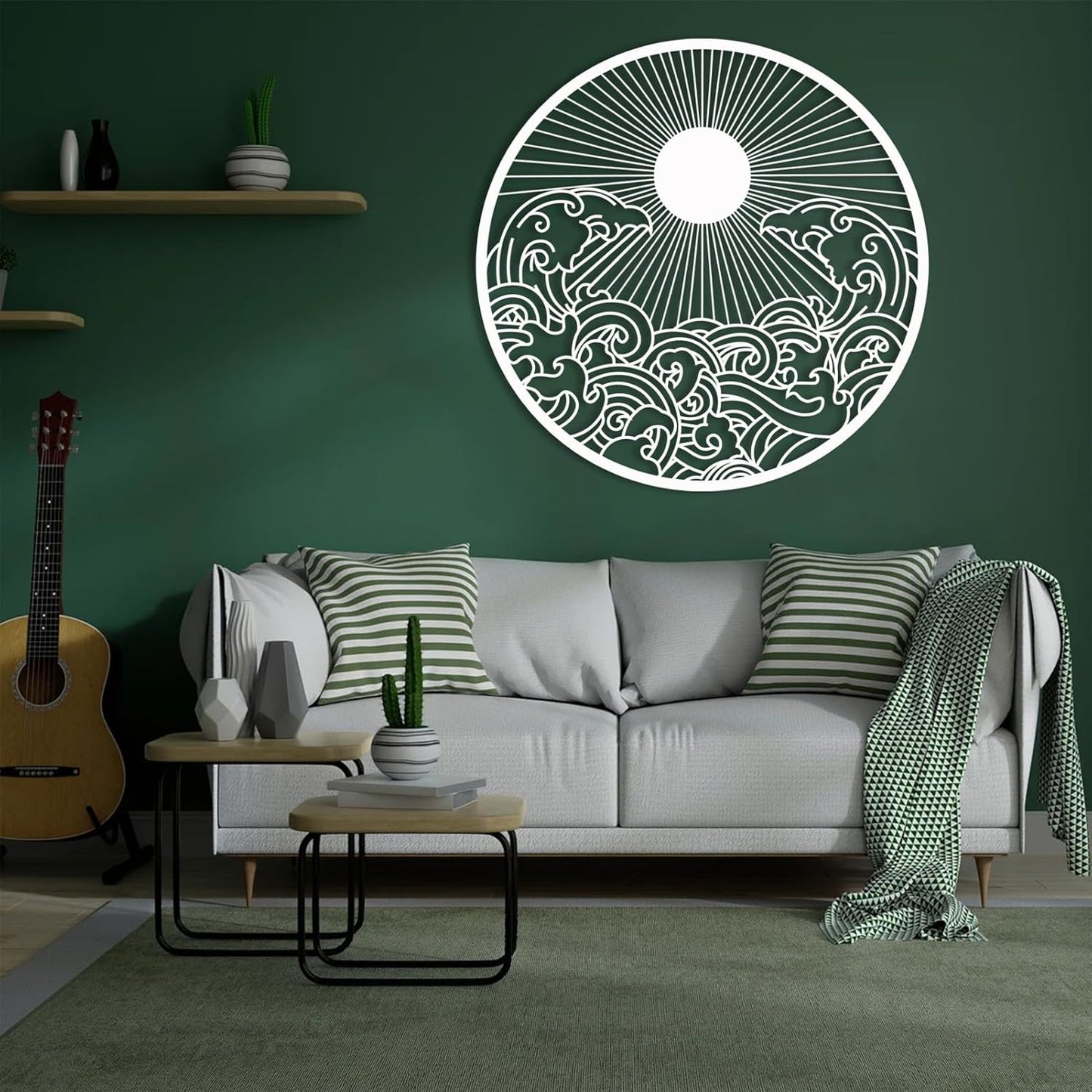 flyoak Metal Sun Wall Decor Outdoor, Sunrise Metal Wall Art, Metal Wave Wall Art, Sunrise and Wave Wall Decor, Sunburst Wall Art, Sunset Wall Art, Wall Hangings for Bedroom (White, 35x35in|90x90cm)