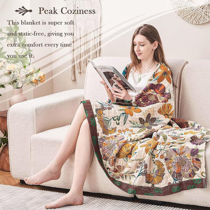 Boho Throw Blanket, 100% Cotton Ultra Soft Luxury Throw Rustic Quilt, 60"x80" Floral Printed Farmhouse Decor Bed Summer Blankets, All Season Rustic Reversible Bohemian Throw for Bed - White