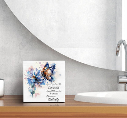 SRADMO Inspirational Desk Signs, Inspirational Butterfly Wood Box Sign Desk Decor, Motivational Desk Decor, Encouragement Theme Wooden Block Box Sign Decoration for Home Office Shelf Table Decor