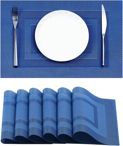 Leetaltree Blue Frame Placemats Set of 6 - Heat Resistant Non-Slip Place mats for Dining Table, Washable Durable PVC Vinyl Woven Table Mats（Blue Frame, 6）