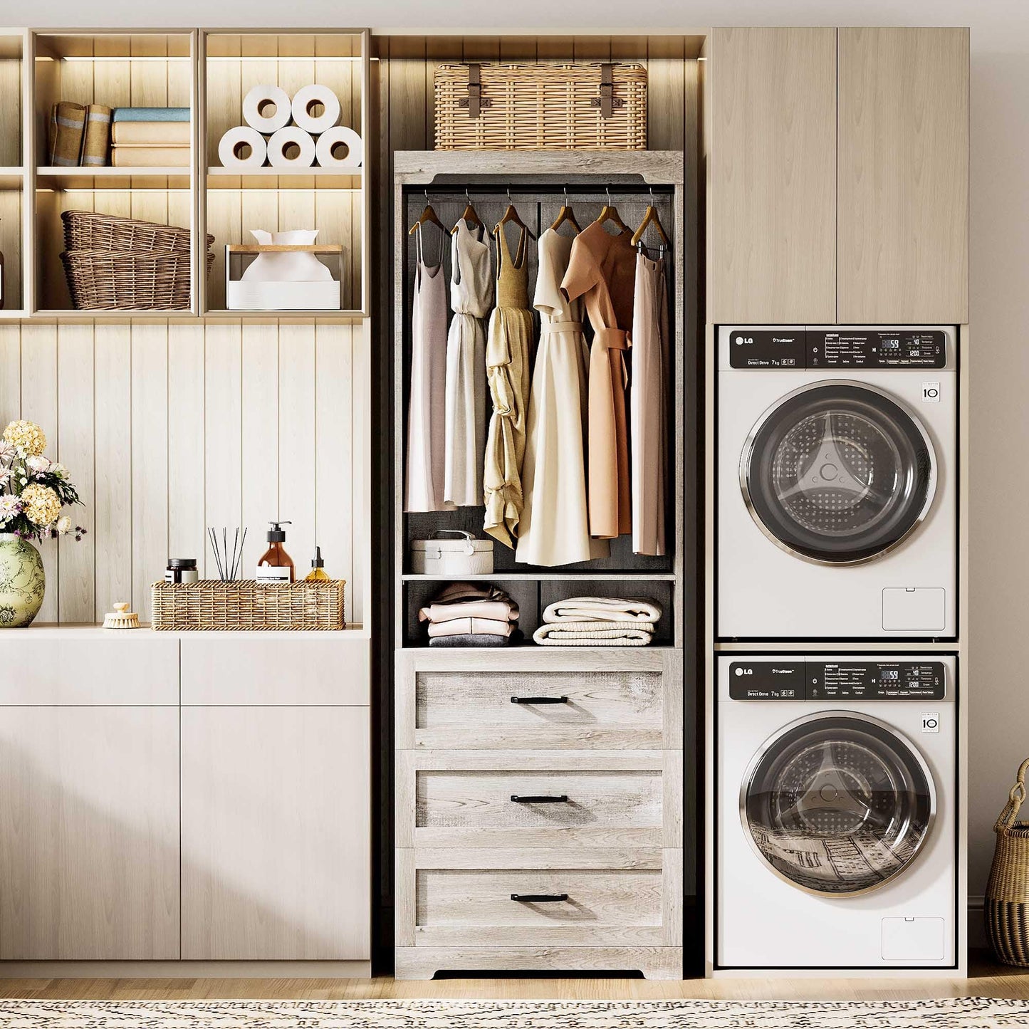 IRONCK Freestanding Closet System with Adjustable Shelves & 3 Drawers