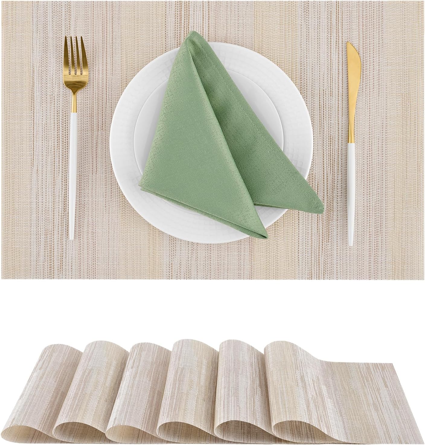 Leetaltree Lightsteel Beige with Yellow Placemats Set of 6 - Heat Resistant Non-Slip Place mats for Dining Table, Washable Durable PVC Vinyl Woven Table Mats (Lightsteel Beige with Yellow, 6)