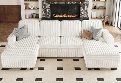 Belffin Modular Sectional Sleeper Sofa with Pull Out Couch Bed Corduroy Double Chaise with Storage White Couch