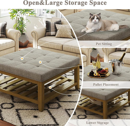 Large Square Ottoman Coffee Table, Linen Solid Upholstered Footrest Ottoman with Solid Wood Shelf Storage Tufted Coffee Table for Bedroom Living Room, Linen