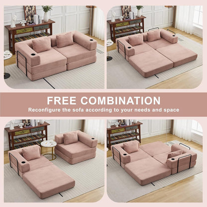 78" W Loveseat Sofa, 4 in 1 Convertible Floor Sofa Bed, Boneless Cloud Couch with Cup Holder, Fold Out Floor Couch, Loveseat Recliner Sleeper for Living Room Bedroom Lounge(Corduroy, White)