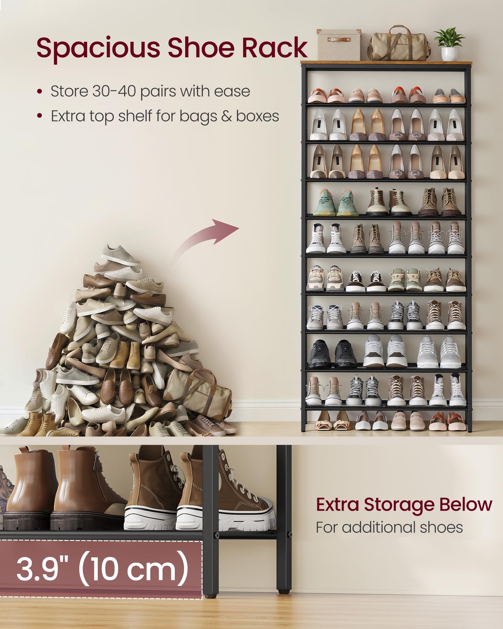 VASAGLE Shoe Rack with 9 Mesh Shelves and 1 Large Top for Bags, Steel Frame