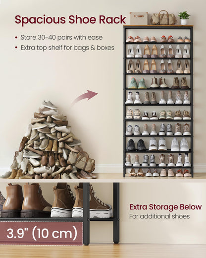 VASAGLE Shoe Rack with 9 Mesh Shelves and 1 Large Top for Bags, Steel Frame