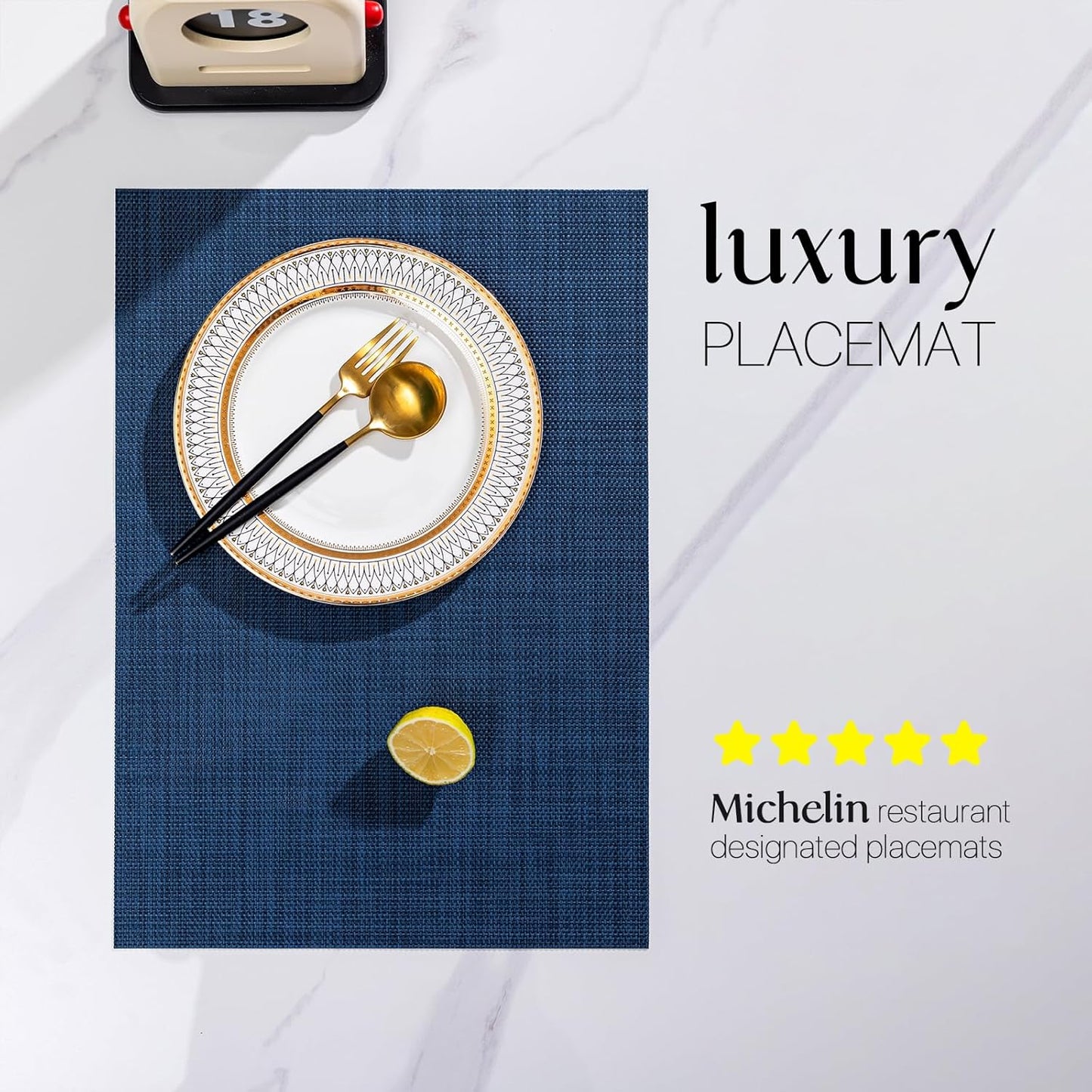 LEXMORE Placemats Set of 6 Vinyl/Plastic Woven Place Mats for Kitchen Table Indoor/Outdoor Washable Placemat Wipeable Dining Table Mats(Navy Blue)