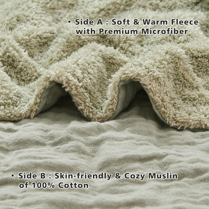 EMME Muslin and Fleece Queen Blanket Reversible - 80"*90" Sage Green Soft Warm Throw Blankets for Couch Bed Picnic Travel Bed