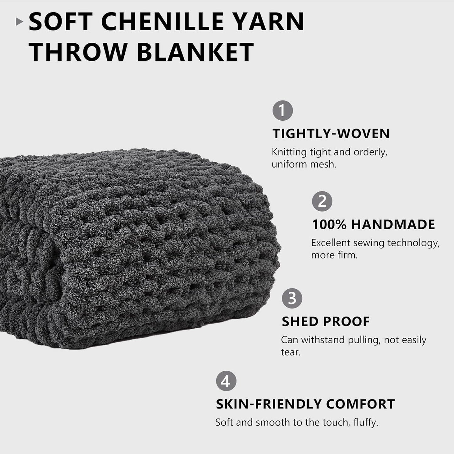 L'AGRATY Chunky Knit Blanket Throw: 72''x84'' Chenille Chunky Knitted Throw Blanket for Bed Couch - Handmade Thick Big Cable Knit Blanket - Large Chunky Crochet Blanket for Home Decor(Dark Grey)