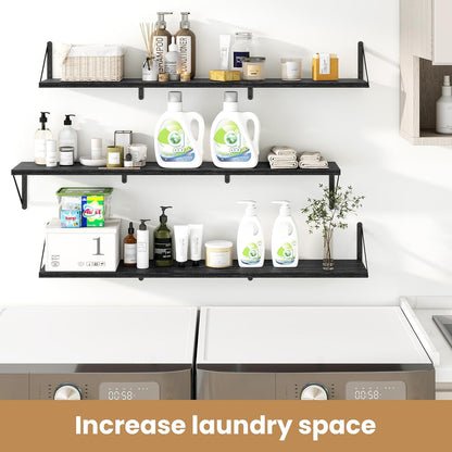 Heimlove 48 Inch Large Floating Bookshelves Set of 3,Black Wall Mounted Bookshelves,Heavy Duty Wooden Shelves for Living Room,Bedroom,Kitchen,Laundry Room Storage & Decor