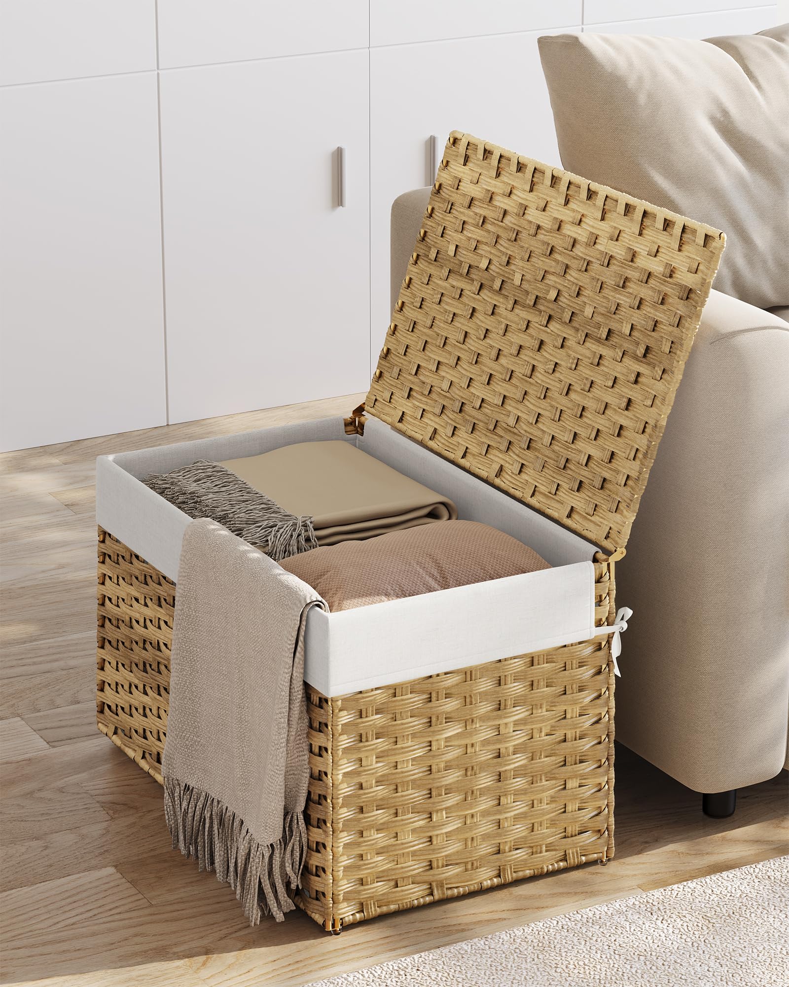 SONGMICS Storage Basket with Lid, Woven Blanket Storage Bin with Handles, Foldable, Removable