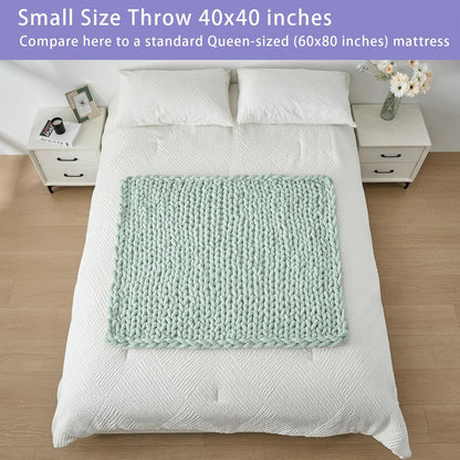 Bigacogo Chunky Knit Throw Blanket for Couch, 40x40 inches, 100% Hand Knitted with Thick Jumbo Chenille Yarn, Cozy Soft Large Rope Knot Cable Crochet Blankets for Sofa Bed Living Room, Mint