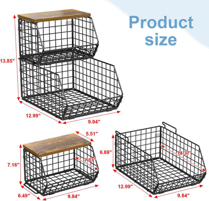 X-cosrack 2-Tier Stackable Wire Baskets for with Wood Lid, Wall Hanging Baskets for Potato and Onion Storage, Fruit Basket for Kitchen Counter, Metal Baskets for Snack Produce Cans