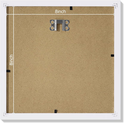 Vittanly 8x8 Picture Frames Set of 9, Shatter Resistant Plexiglass, Display 4x4 Pictures with Mat or 8x8 without Mat, Photo Frames for Wall Mount, Engineered Wood, White
