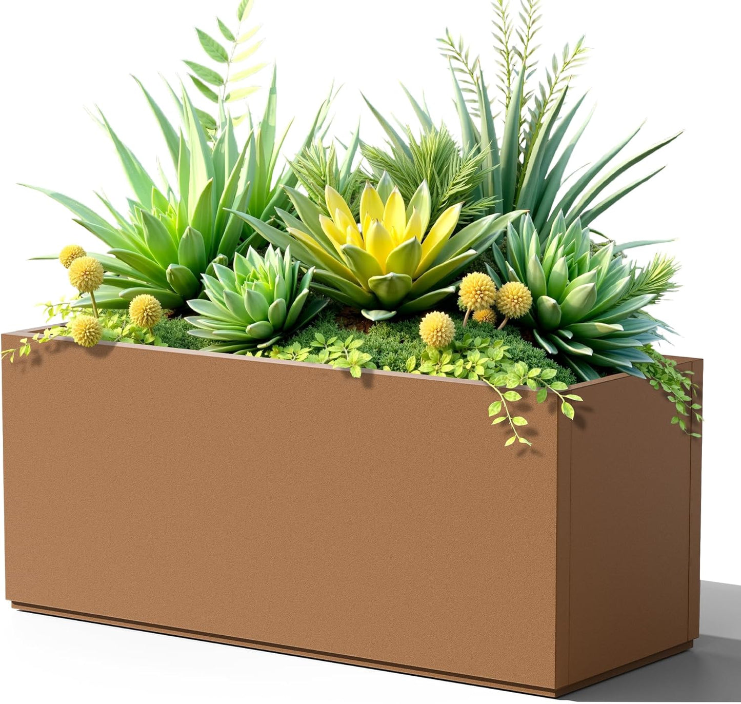 FENCY Large Metal Planter, Large Rectangular Planters for Outdoor Plants, Tall Outdoor Planters for Porch Patio, 38" L x 15" W x 16.3" H Brown Metal Planter with Drainage Hole