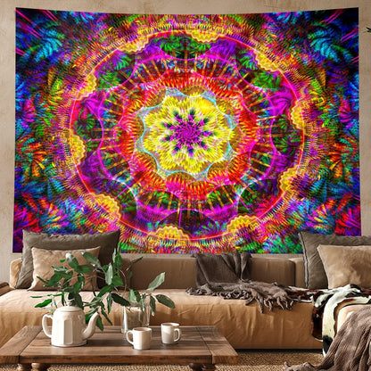 PSYHILAR Blacklight Mandala Tapestry for Bedroom, Psychedelic Black Light Posters for Adults and Teens, Colorful UV Reactive Aesthetic Bohemian Art Wall Hanging Decor (90 x 70 Inches)