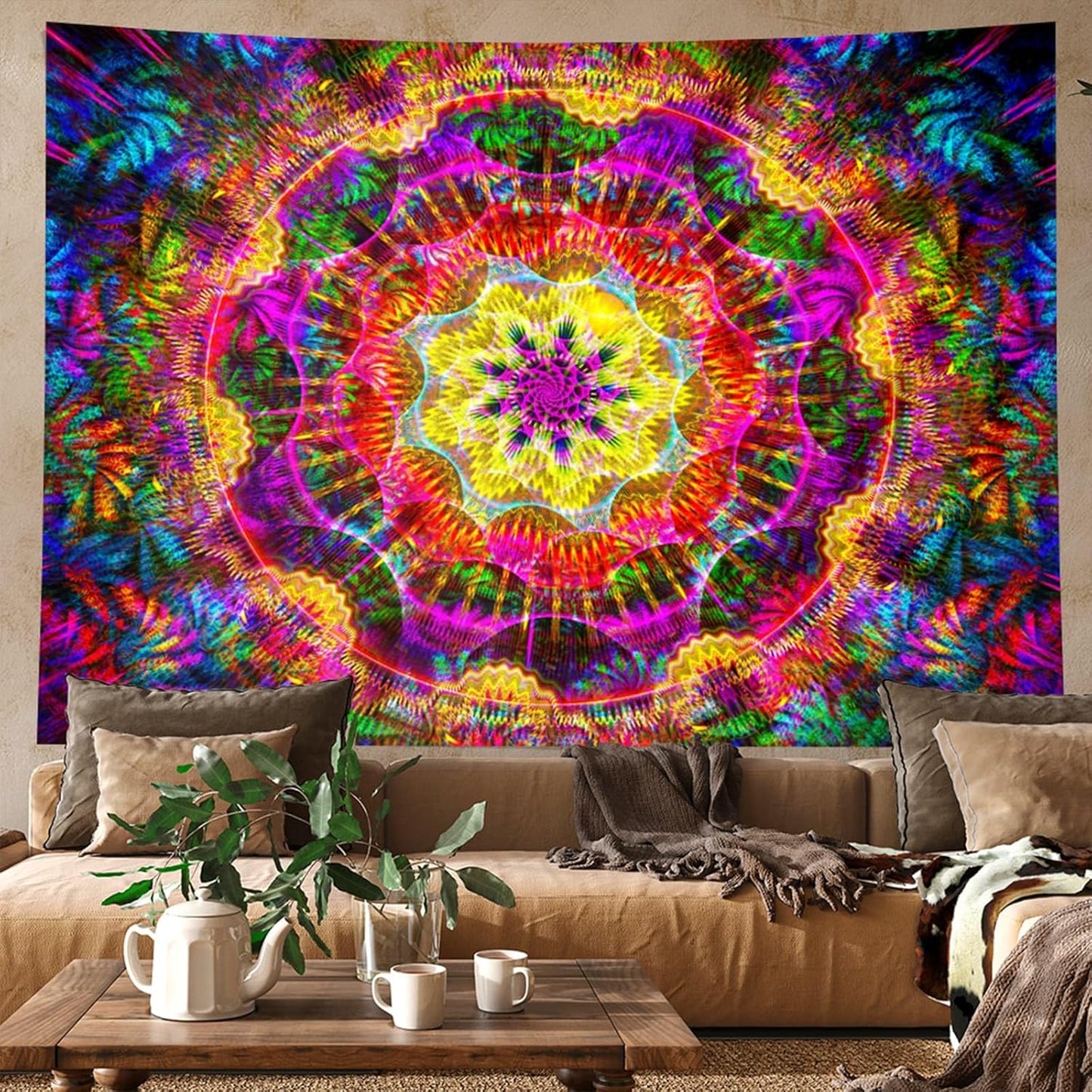 PSYHILAR Blacklight Mandala Tapestry for Bedroom, Psychedelic Black Light Posters for Adults and Teens, Colorful UV Reactive Aesthetic Bohemian Art Wall Hanging Decor (60 x 50 Inches)