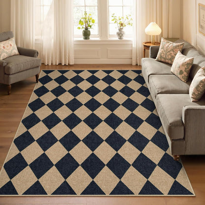 Lahome Checkered Easy Jute 5x7 Area Rugs, Washable Outdoor Patio Rug for Living Room Diamond Indoor Outdoor Carpet, Farmhouse Geometric Non Slip Black Carpet for Backyard Dining Room
