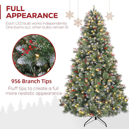 Hykolity 6 ft Prelit Artificial Christmas Tree, Frosted Christmas Tree with 250 Warm White Lights, 956 PVC Branch Tips, Metal Stand and Hinged Branches