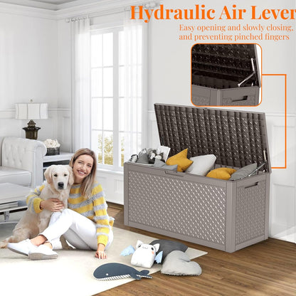 100 Gallon Resin Deck Box, Lockable Outdoor Storage Box for Patio Cushions Storage Furniture,Garden Tools, Pool Supplies, Weatherproof and UV Resistant (Grey L)