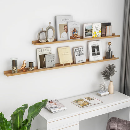 Solid Ash Wood Picture Ledge Shelf, Floating Shelves Set of 2, 56 Inch Long Large Ledge Shelves, Nursery Book Shelves Wall Mounted for Living Room Bedroom Kitchen Decor Kids Bookshelf, Natural