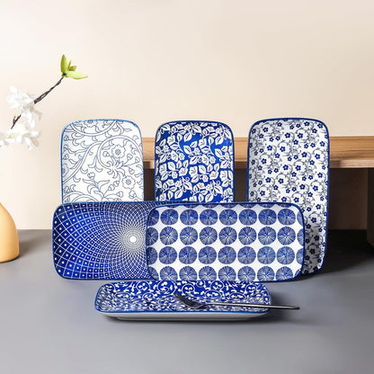 Selamica Ceramic Serving Platters, 12 Inch Serving Trays for Party Entertaining, Large Rectangular Serving Plates for Food, Set of 6, Vintage Blue