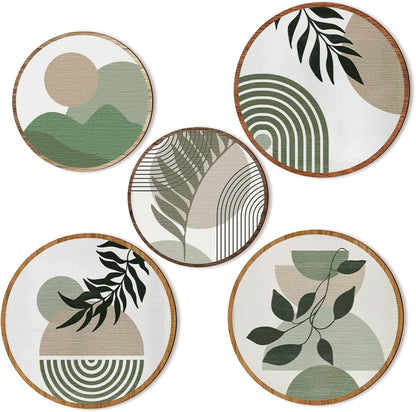 Qunclay 5 Pcs Wall Art Decor Wooden Living Room Wall Decor Bohemian Hanging Farmhouse Geometric 10'' and 8'' Aesthetic Wood Minimalist Posters for Bedroom(Greenery)